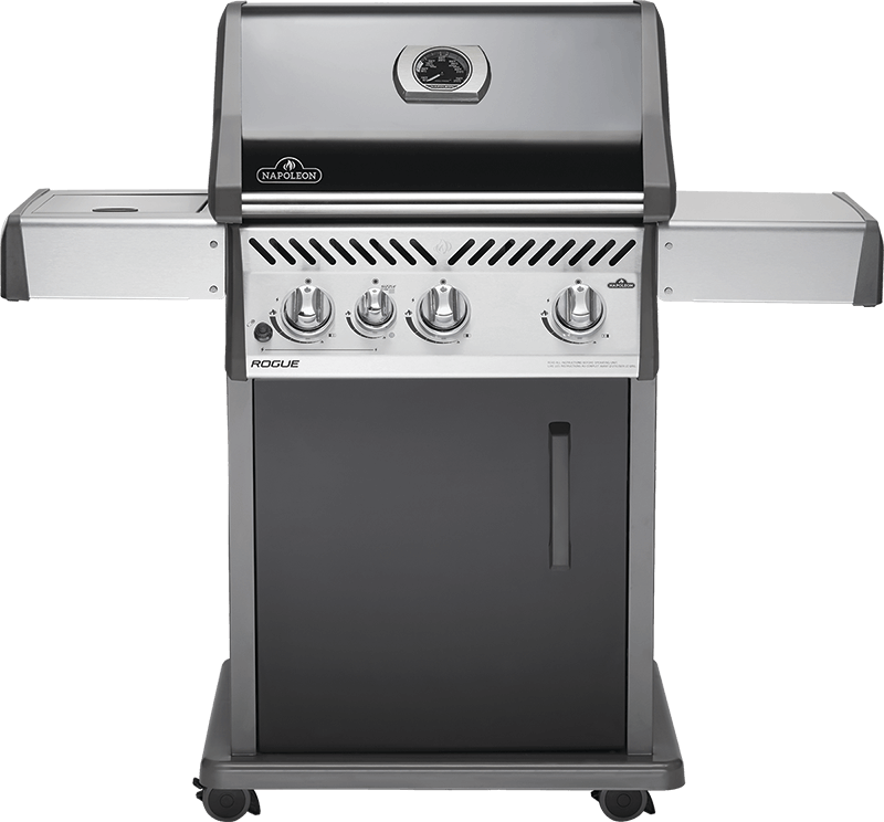 Napoleon Rogue 425 BBQ Grill, Black, Natural Gas - R425SBNK-1-OB - With Three Burners and Range Gas Side Burner, Barbecue Gas Cart, Folding Sideshelves, Instant Failsafe Ignition