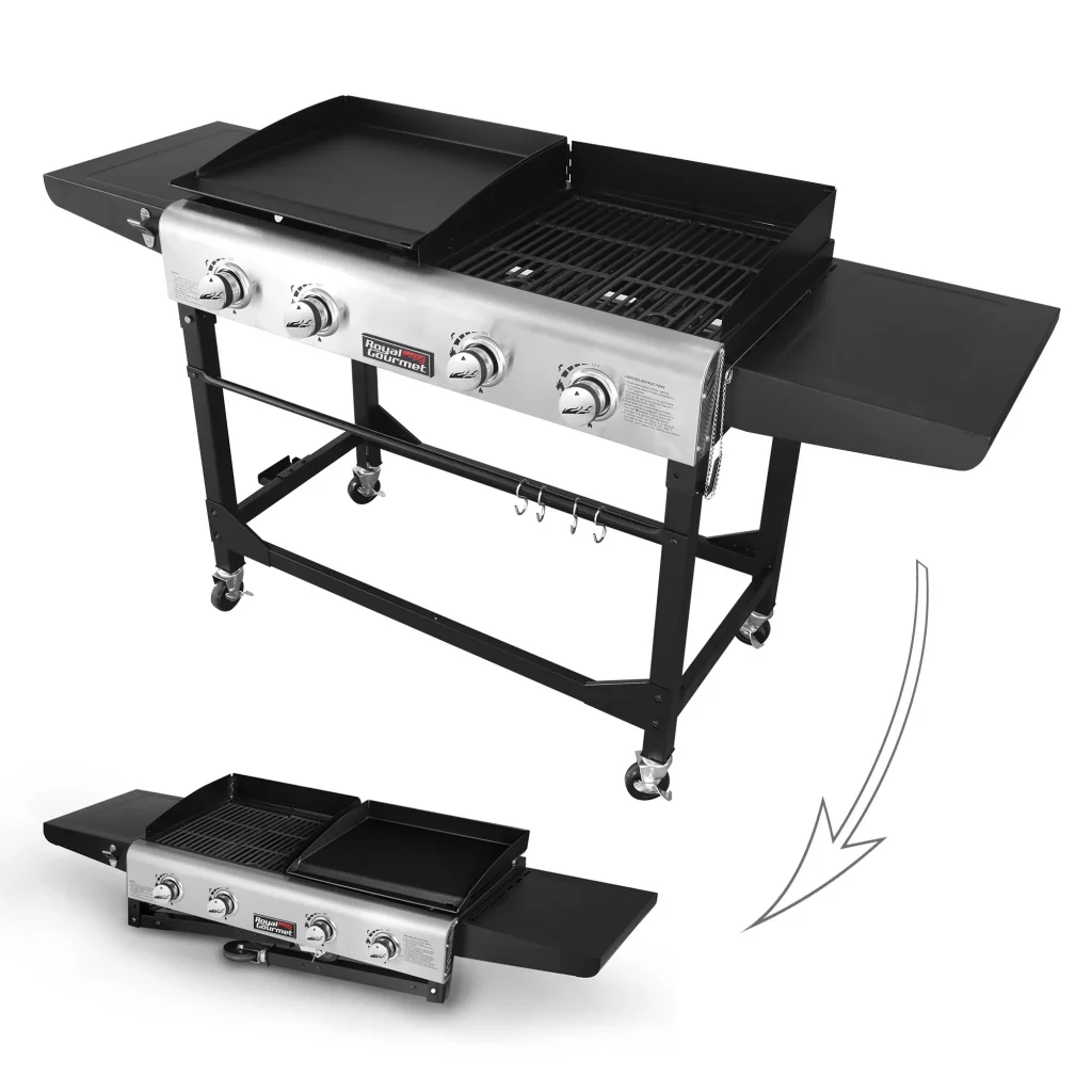 Royal Gourmet GD401 Portable Propane Gas Grill and Griddle Combo with Side Table | 4-Burner, Folding Legs, Versatile, Outdoor Grill 